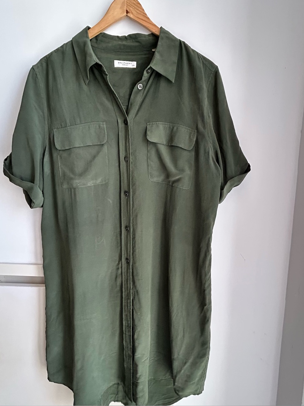 Equipment Women’s Silk Button-Up Shirt Dress - Army Green, Size Large